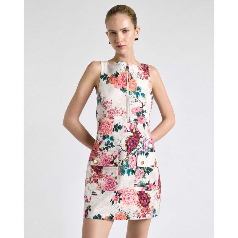Cue Parchment Peacock Garden Faille Mini Dress image number 3